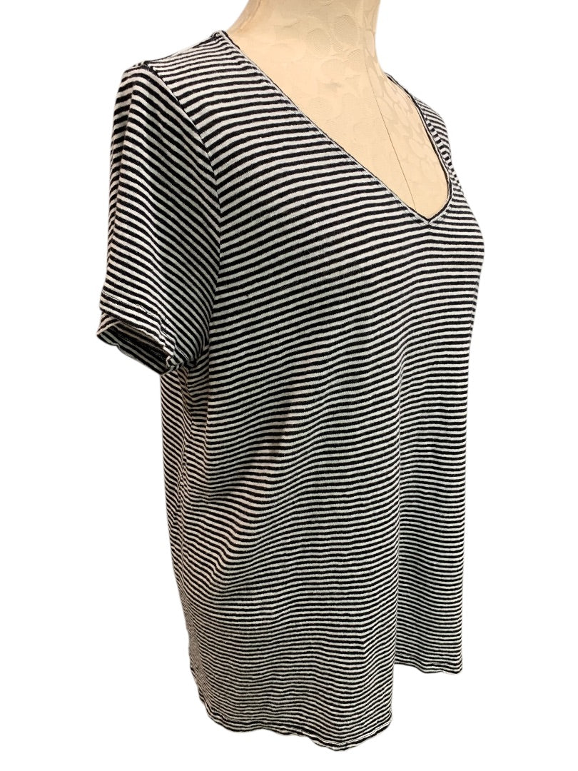 XL Eileen Fisher Womens V-Neck Linen Blend Tshirt Black White Stripe