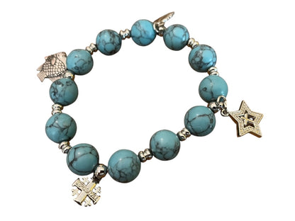 Beaded Stretch Silvertone Fish Feather Star Jerusalem Cross Bracelet Blue NWOT
