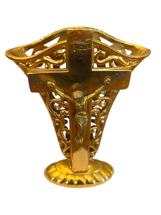 Goldtone Crucifix Vase Decor Scrolled Open 5.5"h