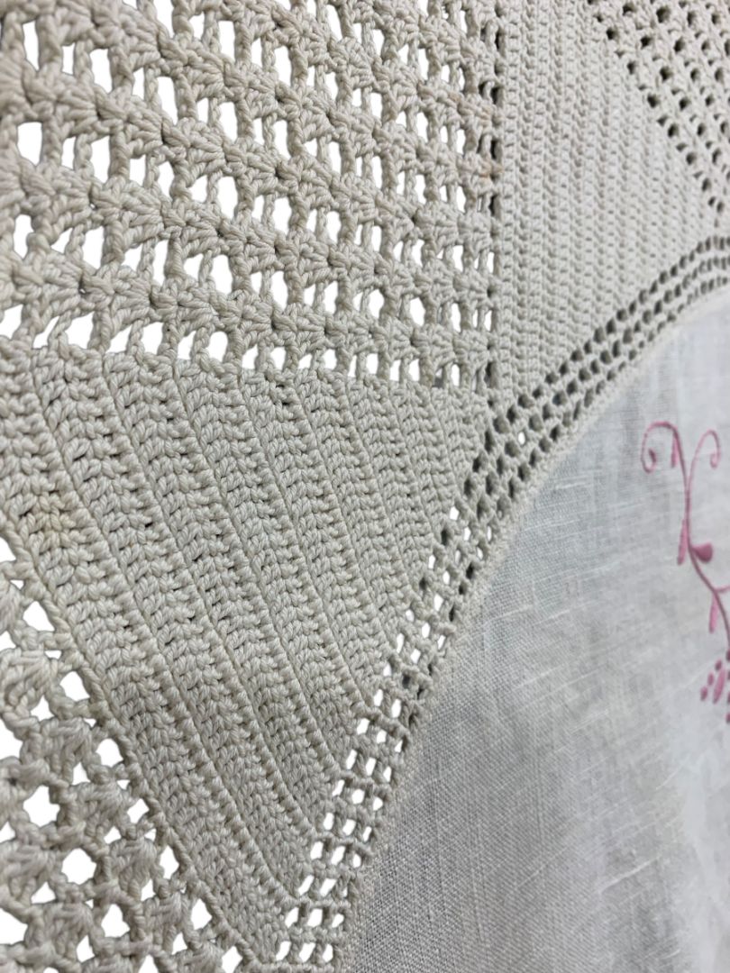 Vintage 40" Round Table Cloth Pink Embroidery Knit Crochet Edging