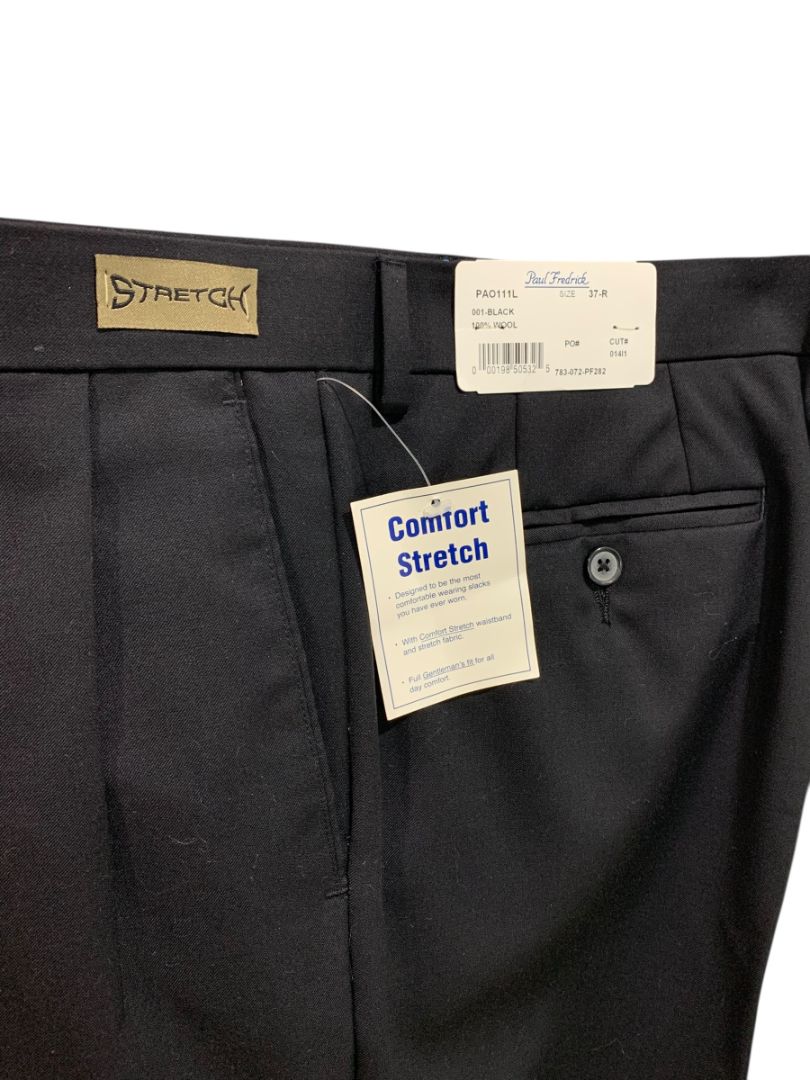 37R Paul Frederick Black Pleated Dress Pants Mens Wool Stretch Hemmed New