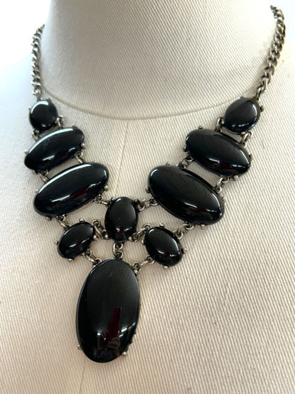 Silvertone and Black Drop Statement Necklace 18"-21"