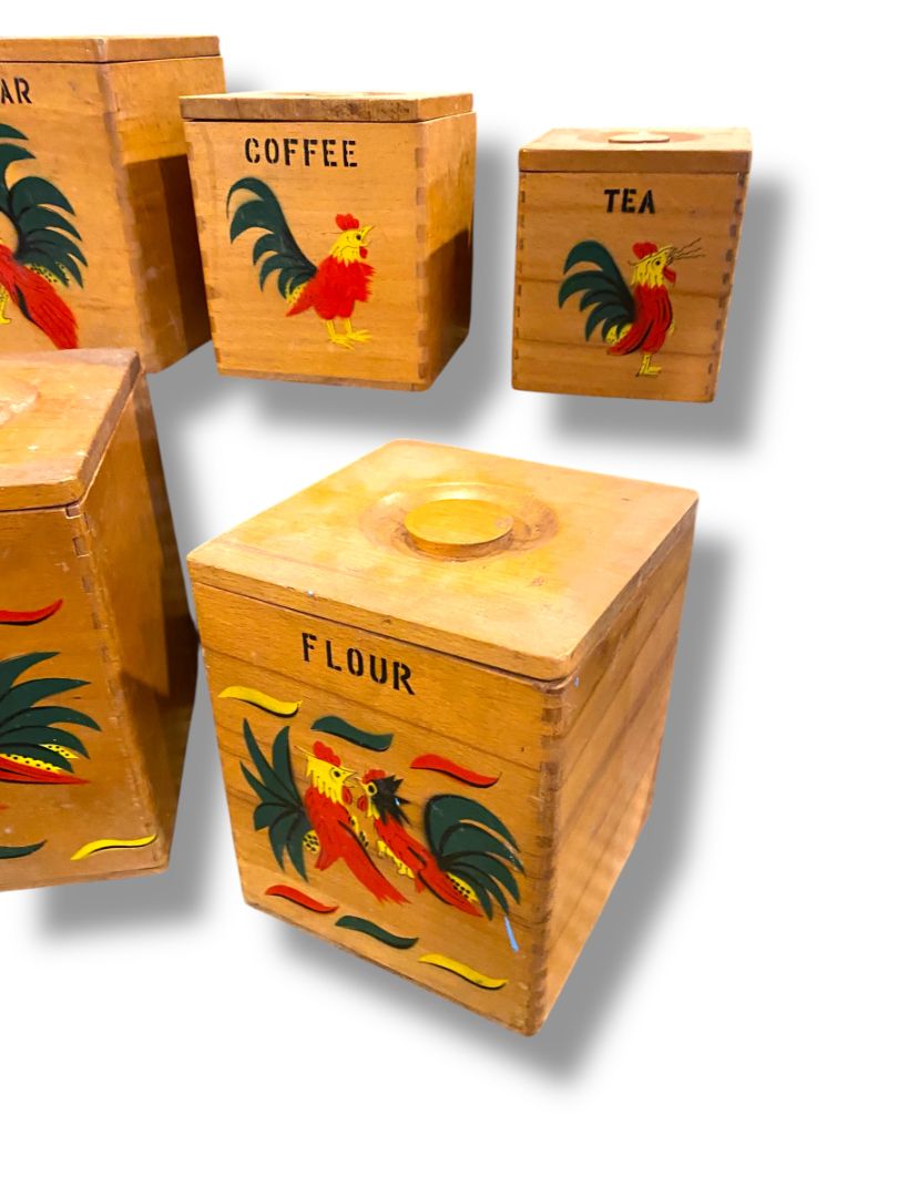 Set of 5 Nesting Wooden Canisters Vintage Rooster Cookies Flour Sugar Coffee Tea