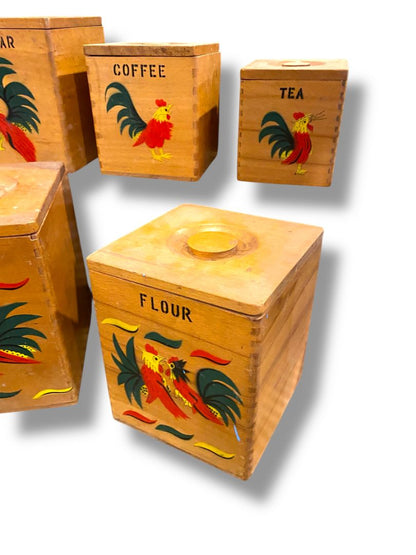 Set of 5 Nesting Wooden Canisters Vintage Rooster Cookies Flour Sugar Coffee Tea