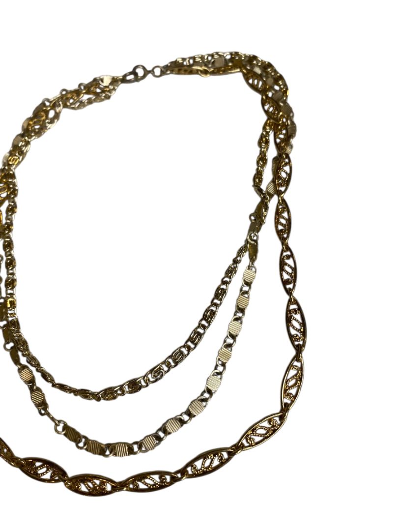 Vintage Goldtone Triple Strand Necklace Mixed Chains 17" Spring Clasp