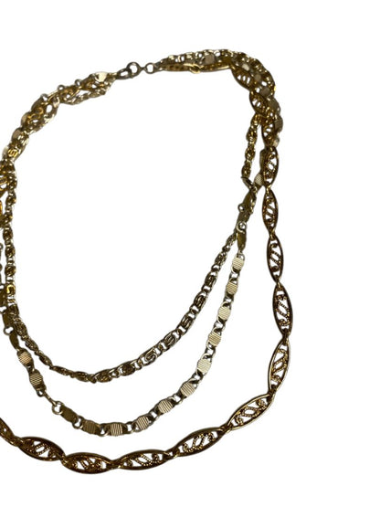 Vintage Goldtone Triple Strand Necklace Mixed Chains 17" Spring Clasp