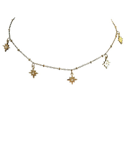 Delicate Goldtone Necklace 14" Chain Star Charms