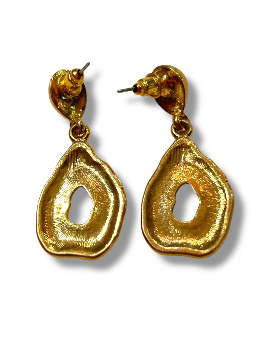 Goldtone Green Enamel Post Pierced Earrings 1.5" Drop Dangle
