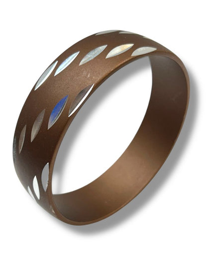 Brown Metallic Bangle Bracelet Silvertone Design 2.5" Diameter .75" Thick