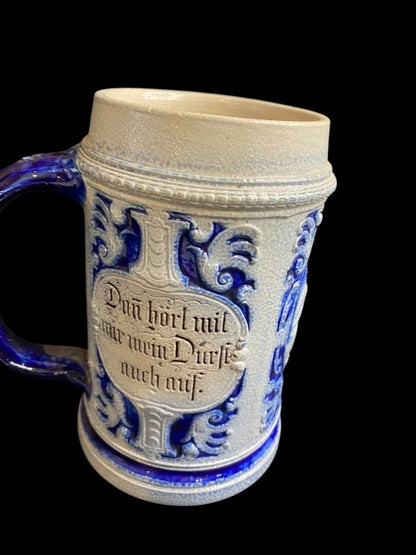 Vintage Germany Stoneware Stein Salt Glazed Mug Cobalt .5 Liter Drink Quickly . . .