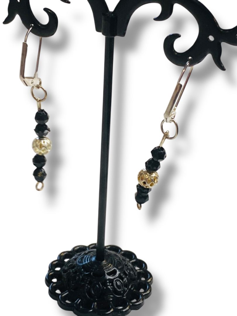 Silvertone Black Beaded Pierced Leverback Earrings 2" Drop Dangle