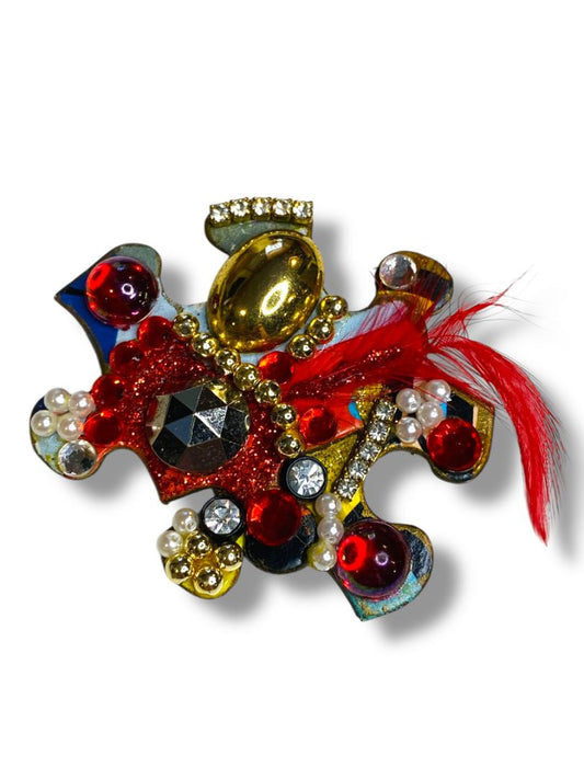 Signed Handcrafted Puzzle Piece Brooch Pin Red Goldtone 2"