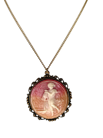 Cameo Pendant Necklace Beach Theme Girl Sand Rowboat 18" Goldtone Chain