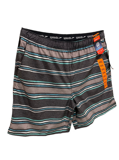 XXL (38/40) Speedo Men's New Gray Striped Swim Trunks Tech Volley Shorts