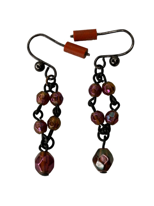 Purple Black 1.25" Beaded Earrings Hook Pierced 1.25" Drop Dangle