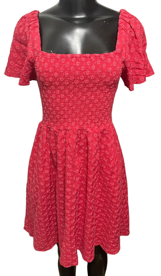 XS Madewell Eyelet Lucie Smocked Mini Dress Pockets Pink