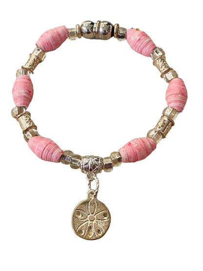 Silvertone Pink Paper Bead Magnetic Clasp Bracelet Sand Dollar Charm 7.75"