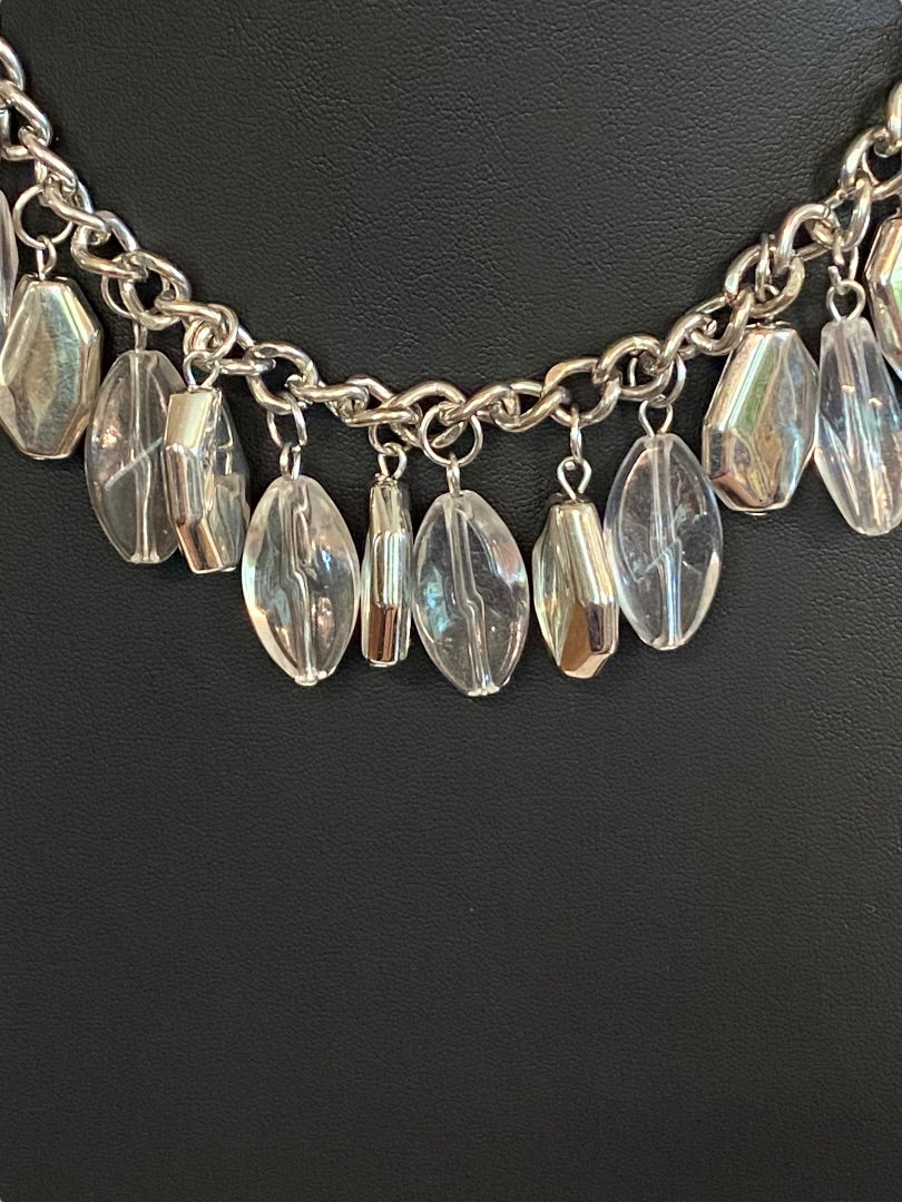 Silvertone 17" Statement Necklace Clear Charm Beads Lobster Clasp