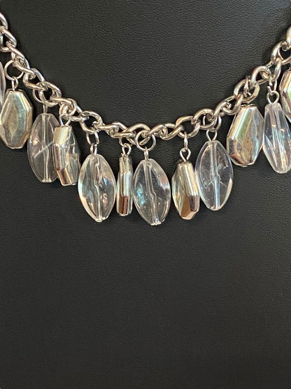 Silvertone 17" Statement Necklace Clear Charm Beads Lobster Clasp
