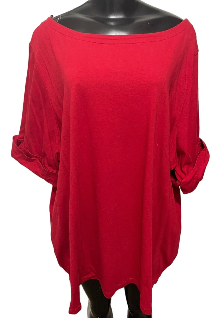 2X (26/28) Woman Within Red Short Sleeve Top Thsirt Cuffed Sleeve