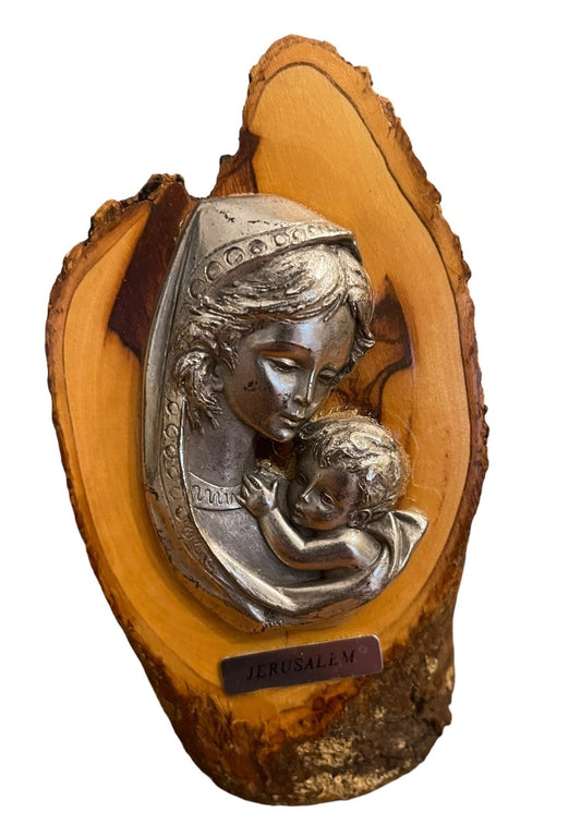 Jerusalem Metal Madonna Child on Wood Block Israel Christian 5"h