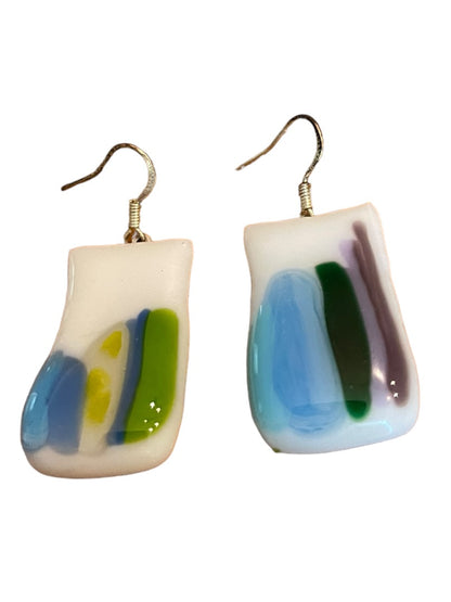 Color Fused Glass Fishhook Earrings Blue Green 1.25" Drop Dangle