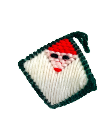 Holiday Ornament Christmas Santa Cross Stitch Ornament Diamond Shape 1980s Handmade