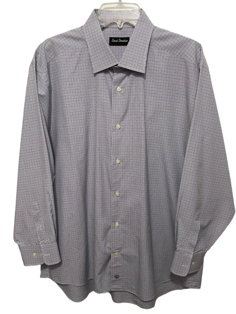 17.5 (32/33) David Donahue Mens Button Up White Blue Brown Dress Shirt