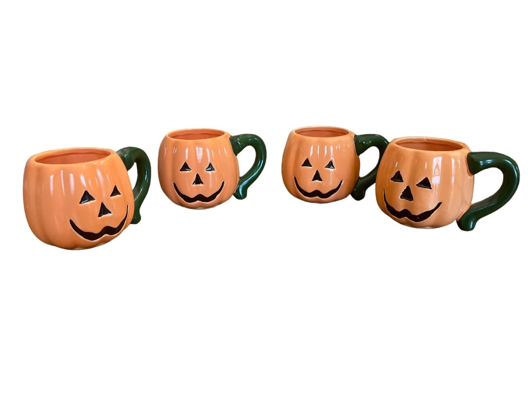 Set of 4 Halloween Ceramic Jack O Lantern Pumpkin Mugs Orange