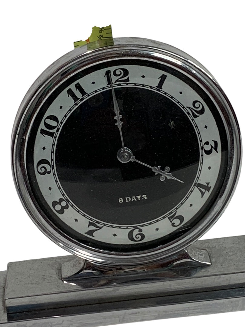 Vintage 1950s Germany Table Clock 8 Day Gesetzlich Geschutzt Silvertone Black