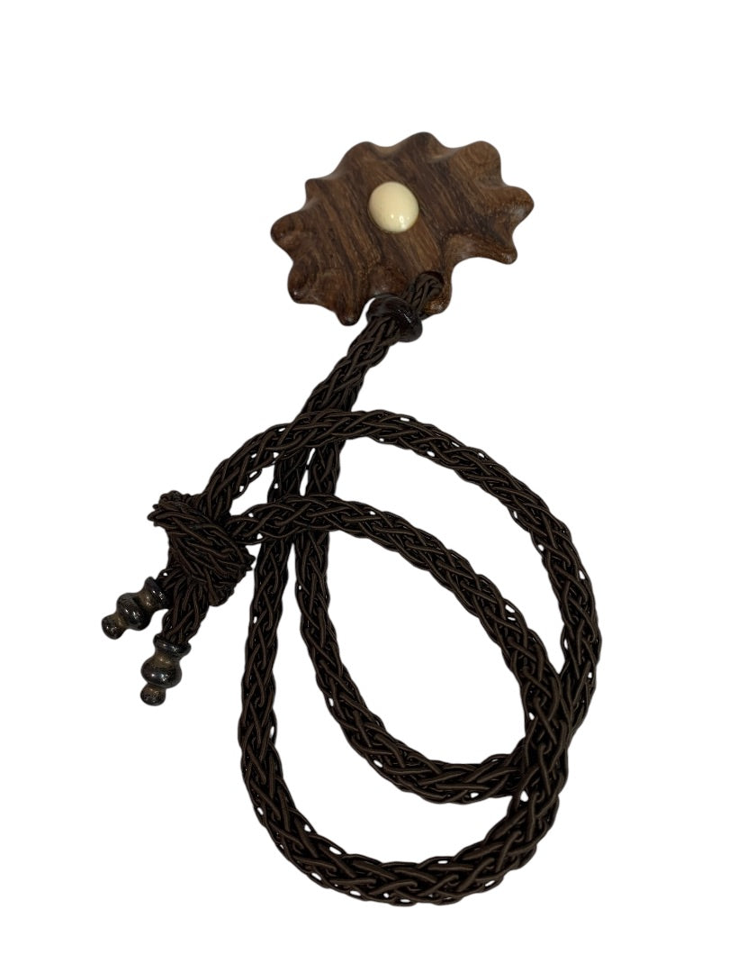 Vintage Wooden Medallion Tie Closure Necklace Statement Medallion Faux Wood