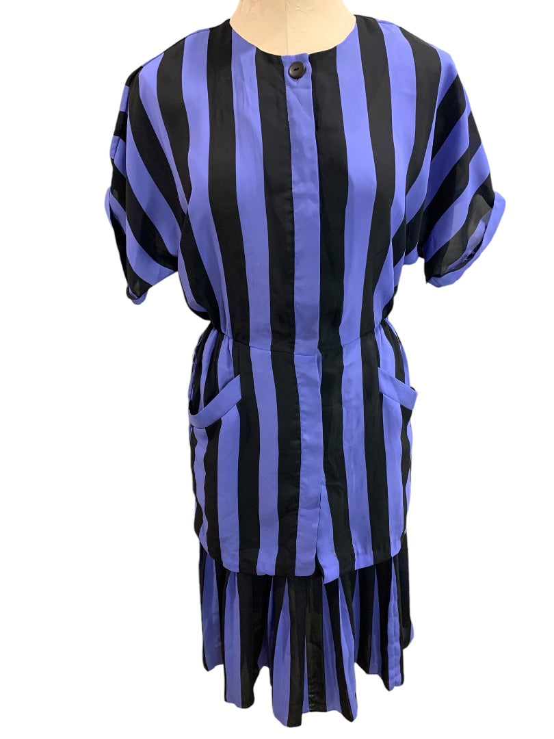 Size 6 Blake Elizabeth Purple Black Stripe Vintage 1980s Dress Pockets Pleated Hem