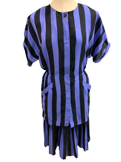 Size 6 Blake Elizabeth Purple Black Stripe Vintage 1980s Dress Pockets Pleated Hem