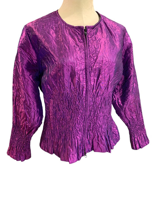 Medium Womens Purple Crinkle Satin Stretch Full Zip Jacket Y2K