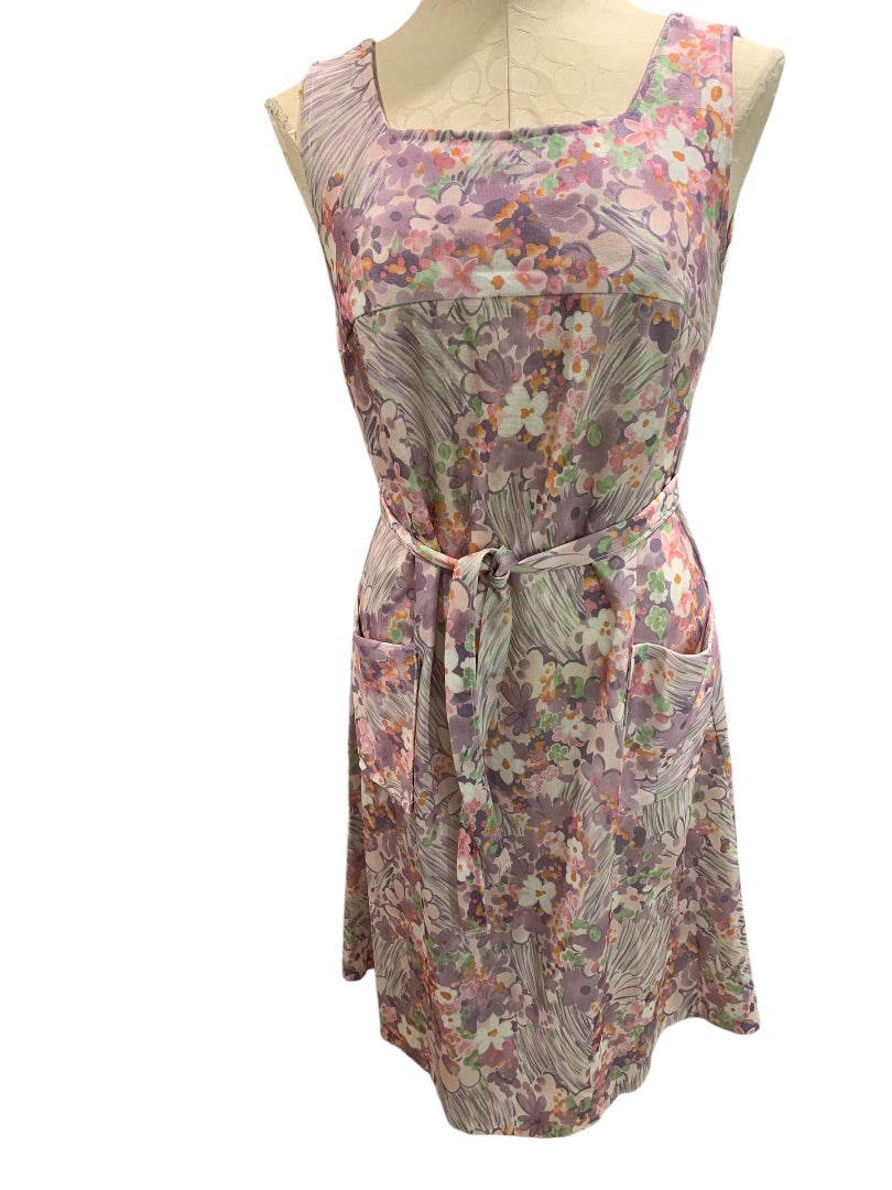 Large Vintage 1960s Polyester Shift Dress Pockets Belted Floral Purple