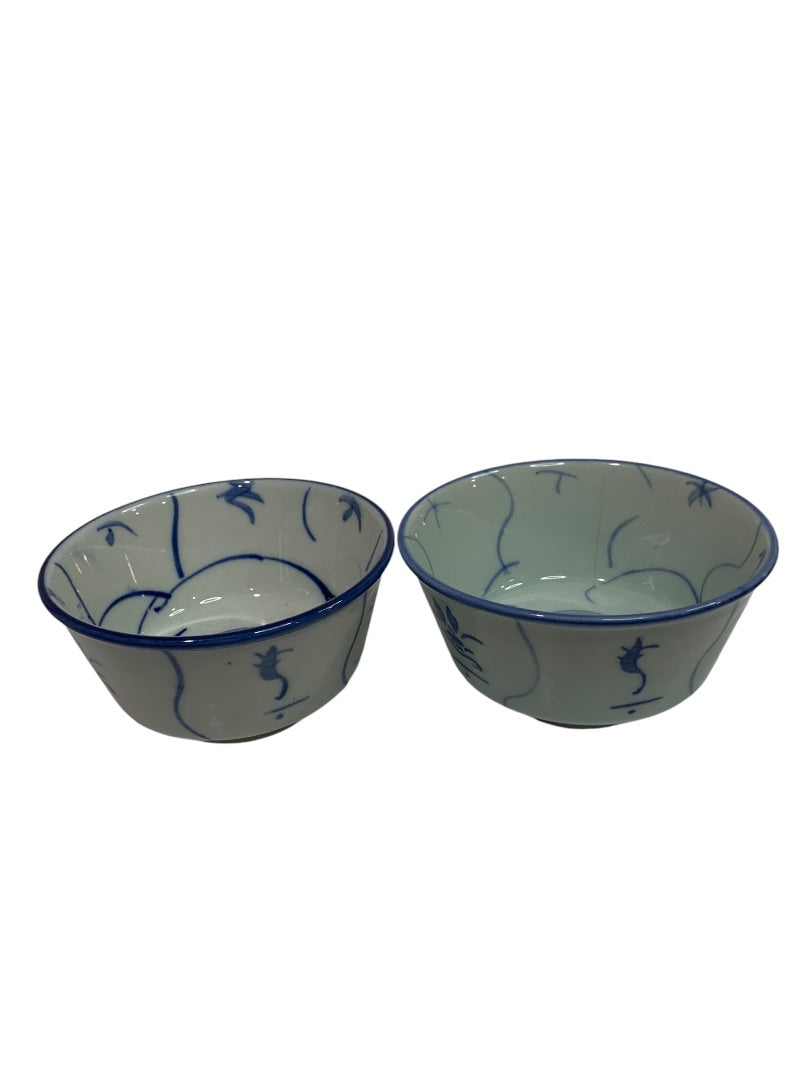 Chinese 2 Rice Bowls and 5 Spoon Set Blue White