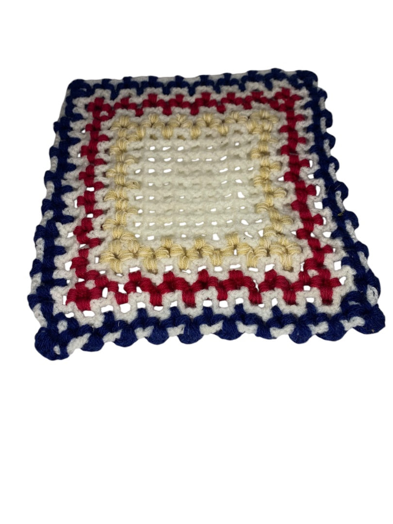 Vintage 1970s Handmade Crocheted Doily Red White Blue 9.5x10.5 Inches