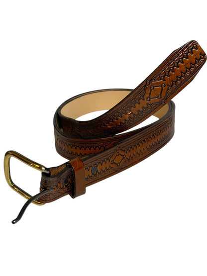 Vintage 1970s Mens Brown Tooled Leather Belt 43-46 Inch Waist