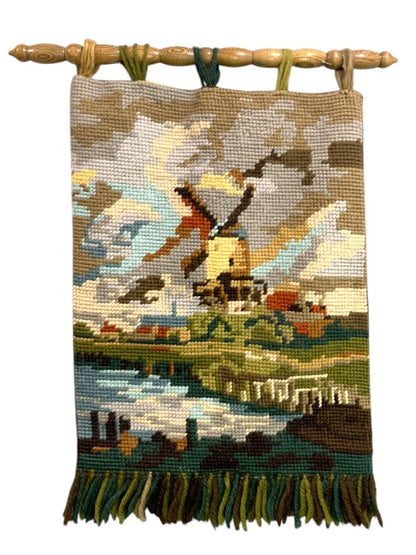 1970s Needlepoint Tapestry Wall Art Hanging Windmill Landscape 24x15 Inch