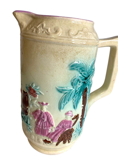 Antique Majolica Pitcher Palm Tree Ornate Embossed 7.35 Inches