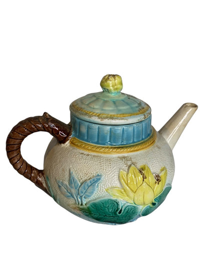 English Majolica Tea Pot Pond Lily and Rope Antique Lidded