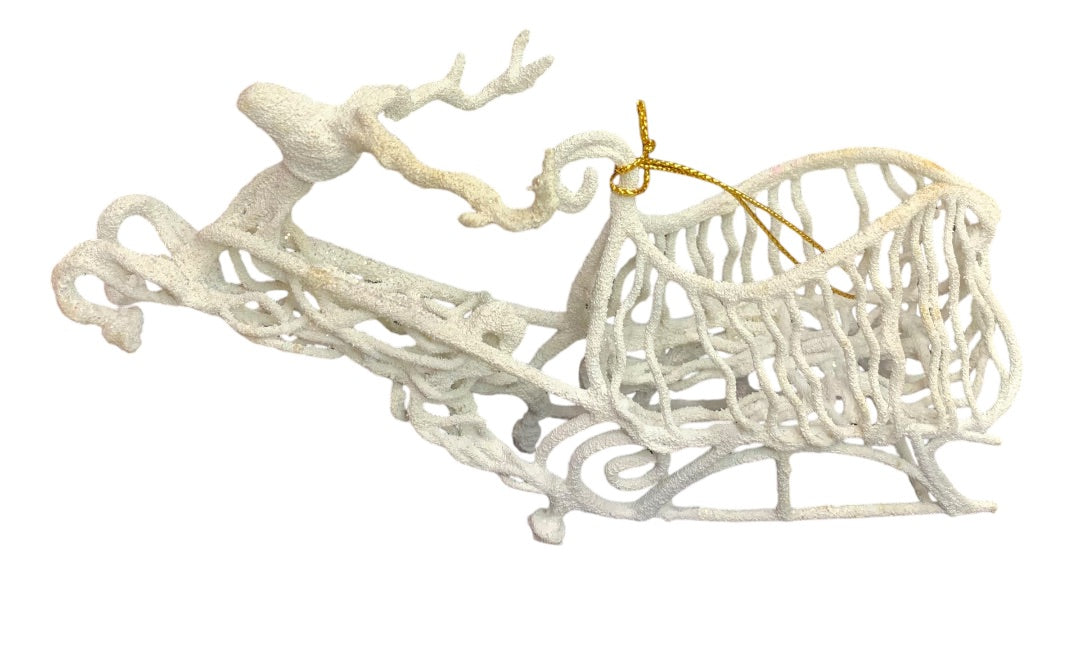 1990s White Flocked Wire Art Reindeer Sleigh Ornament 7 Inch