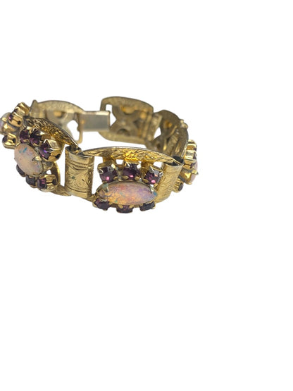 Vintage Ornate Goldtone Bracelet Pink Purple Stones 7 Inch Box Clasp