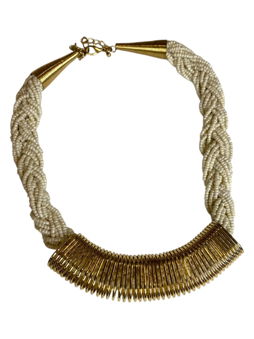 Vintage Goldtone White Seed Bead Statement Necklace 18-22 Inch