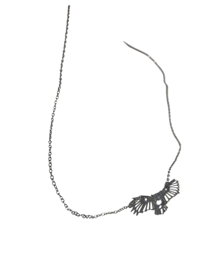 Silvertone Flying Owl Pendant Lasercut 18 Inch