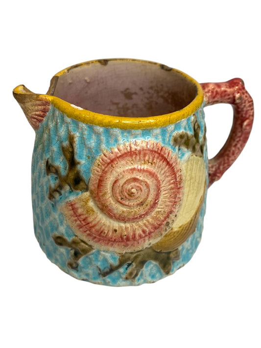Antique Majolica Creamer Pitcher Fielding Shell Fishnet Turquoise Victorian England