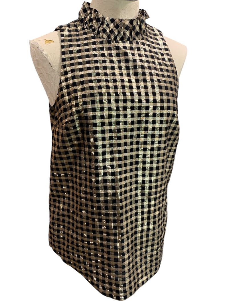 XS J.Crew Ruffleneck Sleeveless Shirt Lurex® Crinkle Gingham AU288