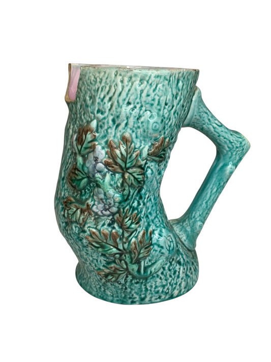 Antique Majolica Turquoise Adirondak Tree Trunk Pitcher Missing Spout
