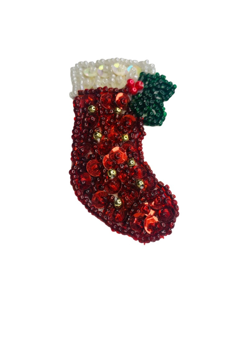 Vintage Holiday Christmas Pin Brooch Stocking Beads Sequins 2.4 Inch