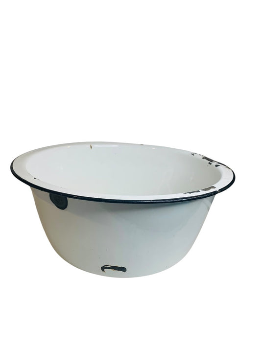 Vintage 14 Inch Round Enamelware Black White Tub
